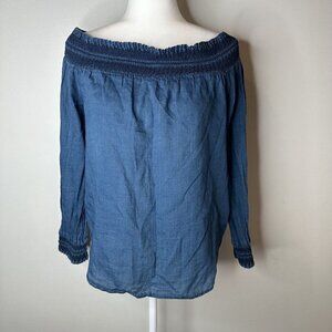 Michael Kors Women’s Blue Chambray Off The Shoulder Smocked Blouse‎ Size S